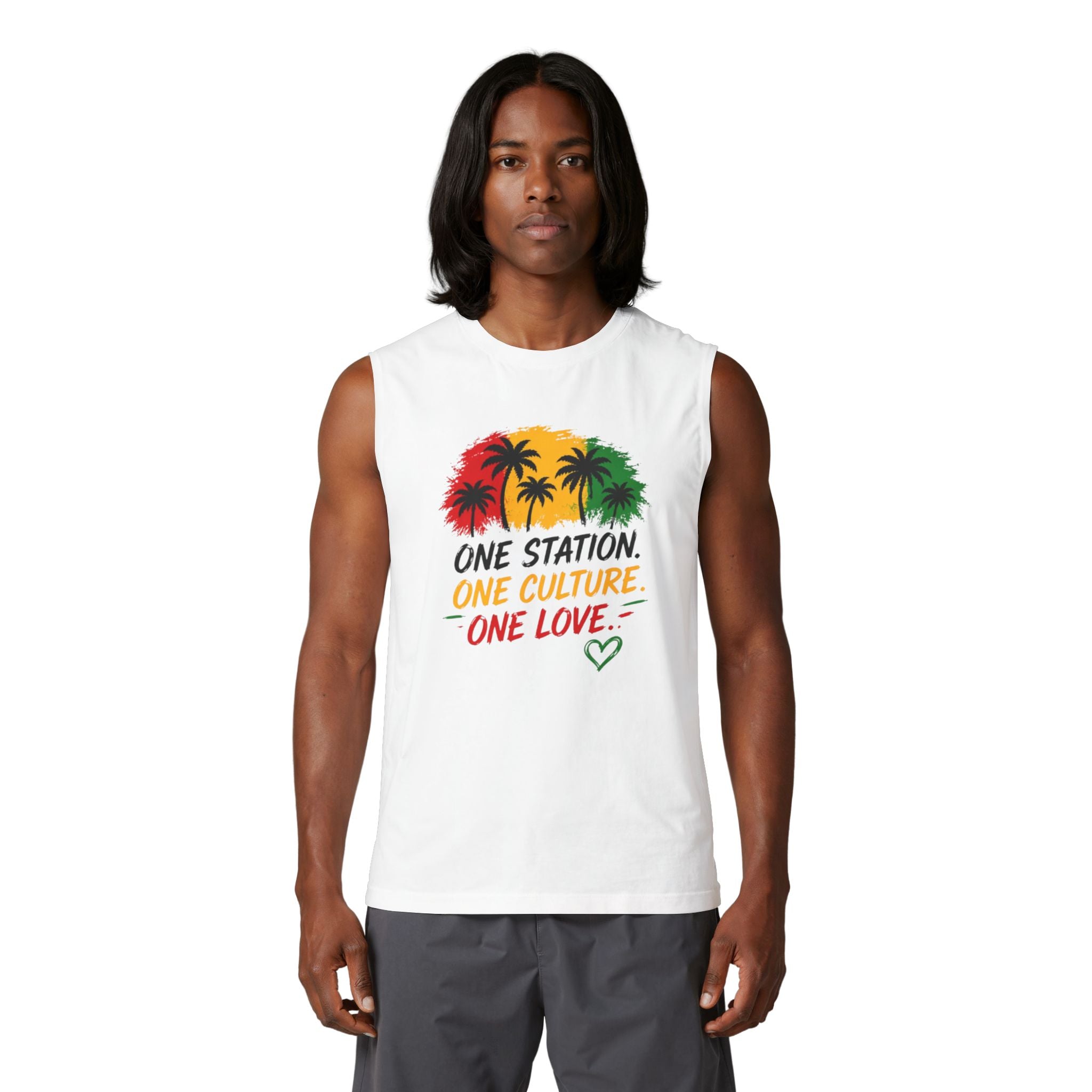 Reggae Palm Men Tank Top — "One Station. One Culture. One Love." Rasta Graphic Muscle Tee