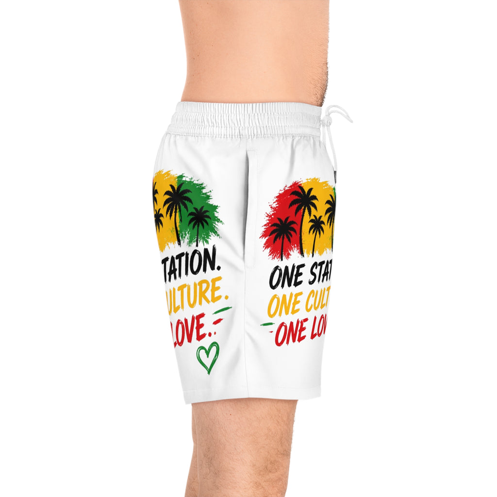 One Station One Culture One Love Men Swim Shorts — Rasta Palm Beach Trunks