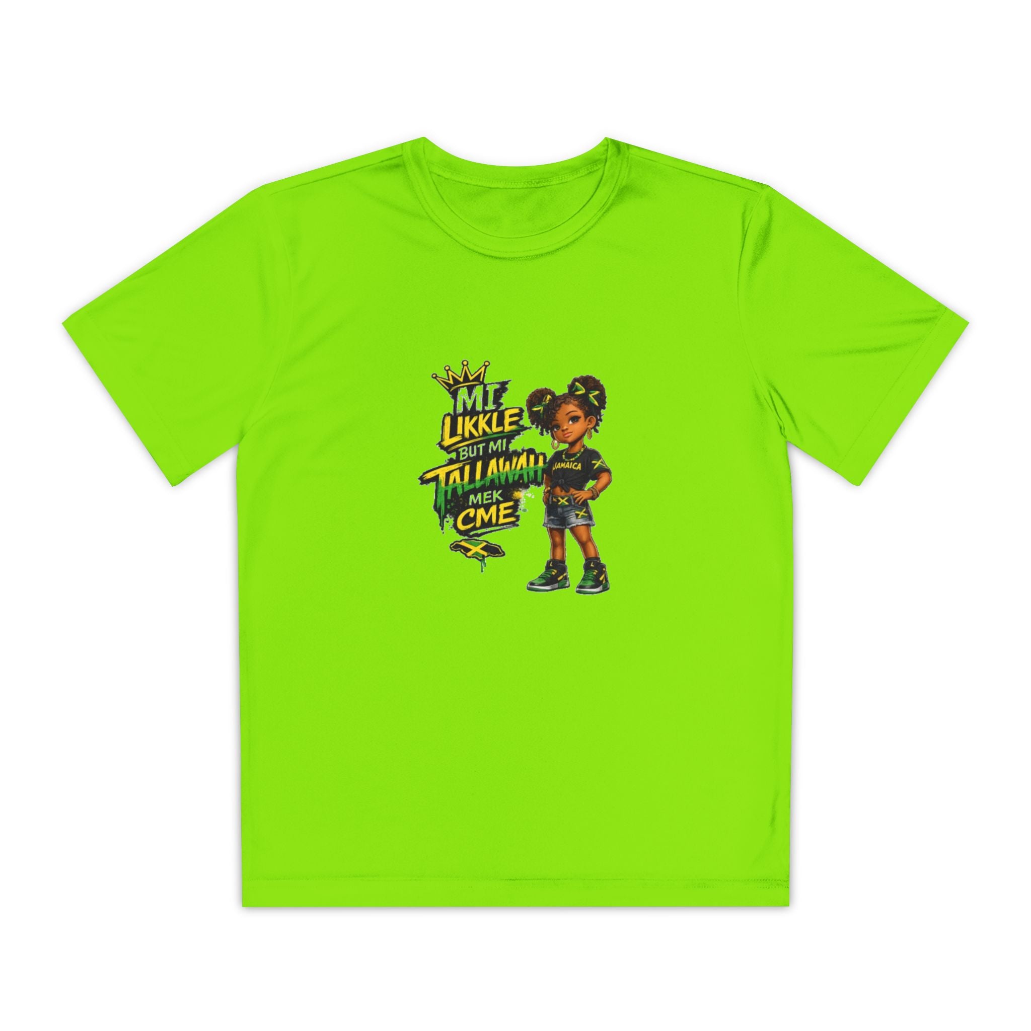 Youth Competitor Tee - 'Mi Likkle But Me Tall Mana' Caribbean Kid Graphic Shirt