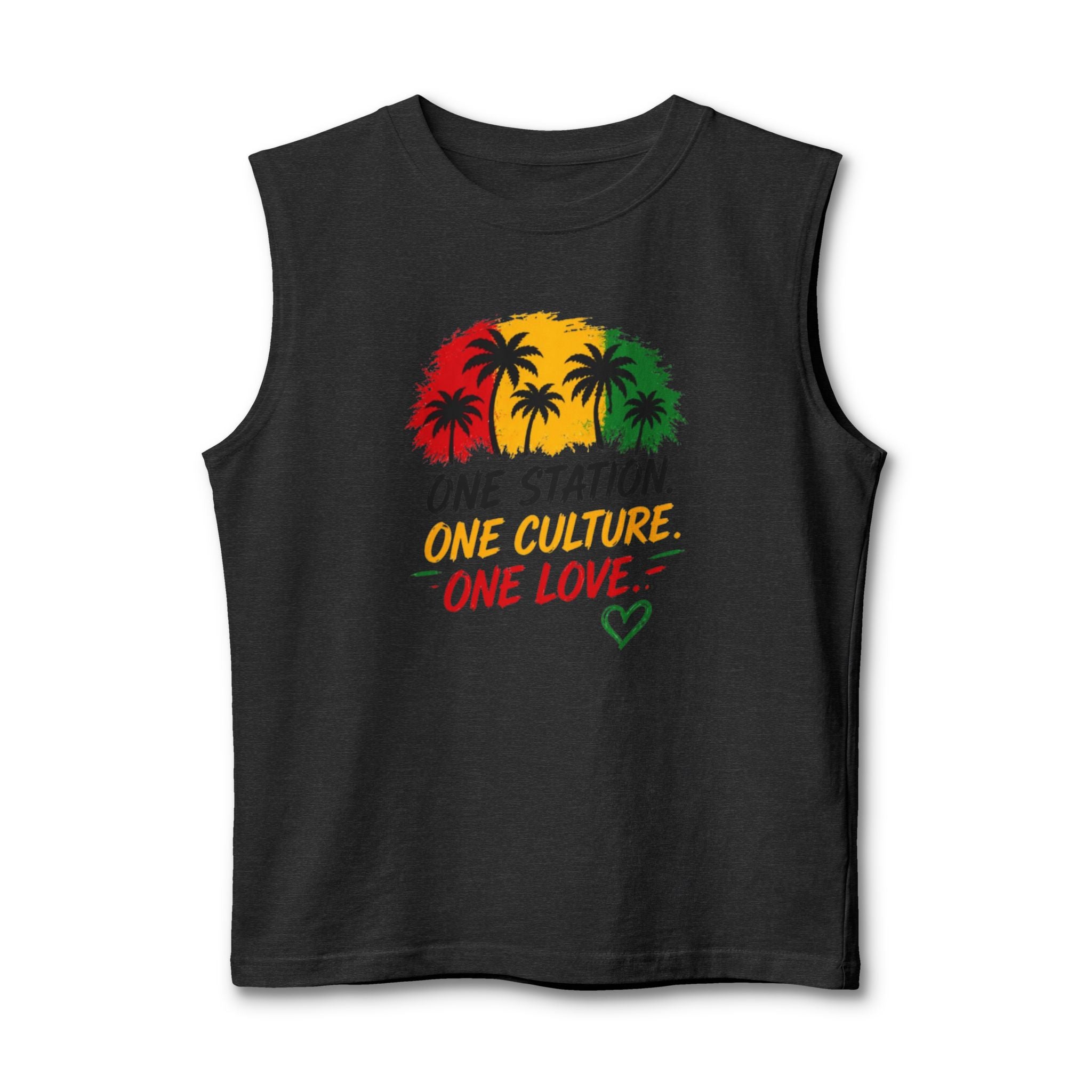 Reggae Palm Men Tank Top — "One Station. One Culture. One Love." Rasta Graphic Muscle Tee