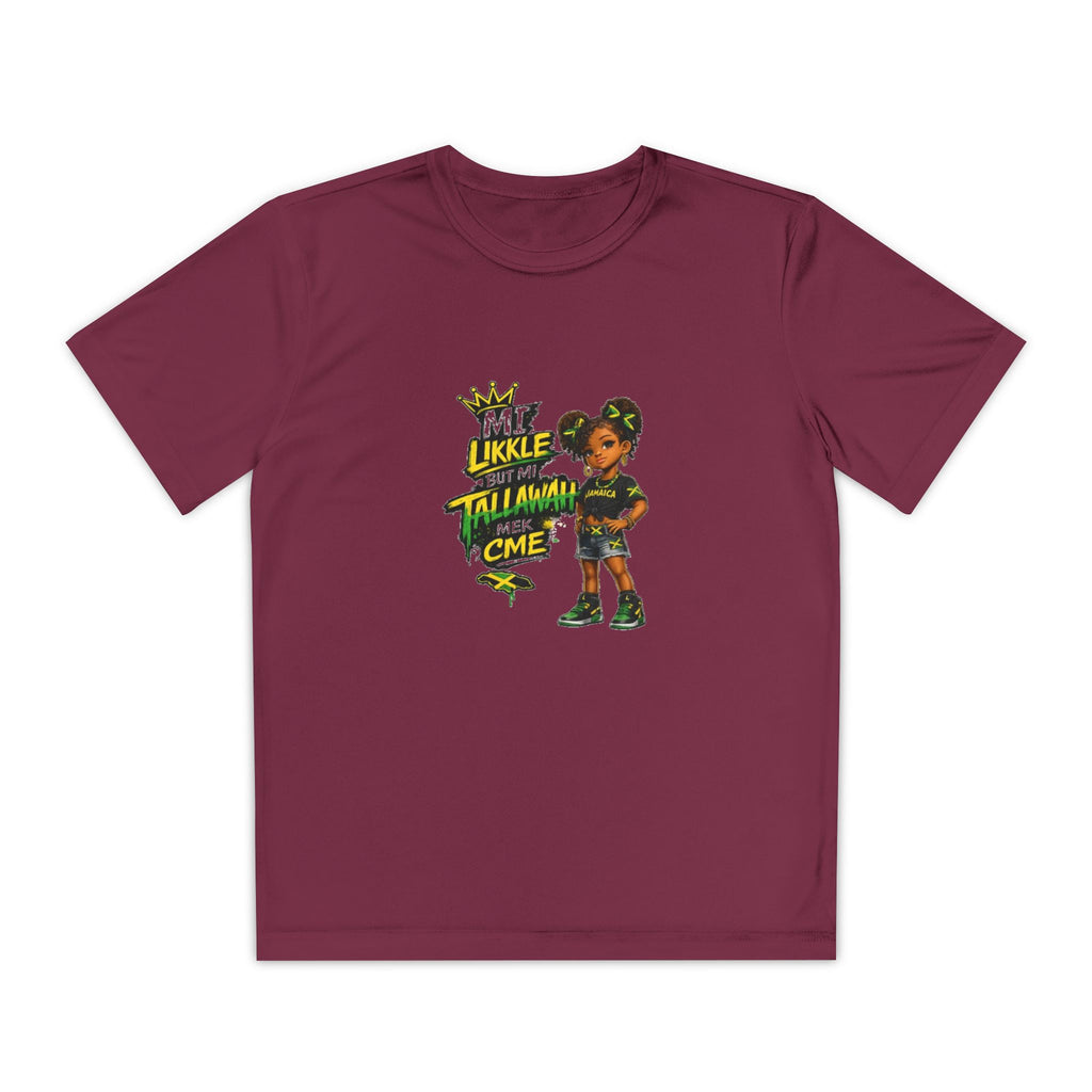 Youth Competitor Tee - 'Mi Likkle But Me Tall Mana' Caribbean Kid Graphic Shirt
