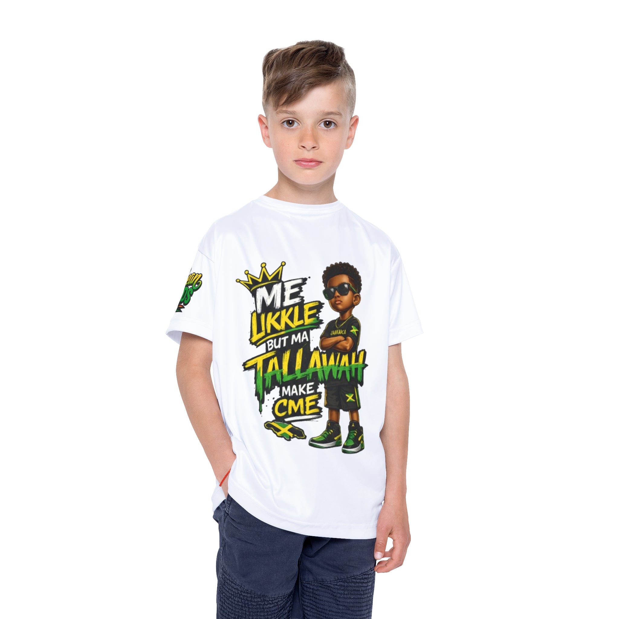 Kids Sports Jersey - "Me Likkle But Ma Tallawah" Graphic Tee (Jamaican Pride)