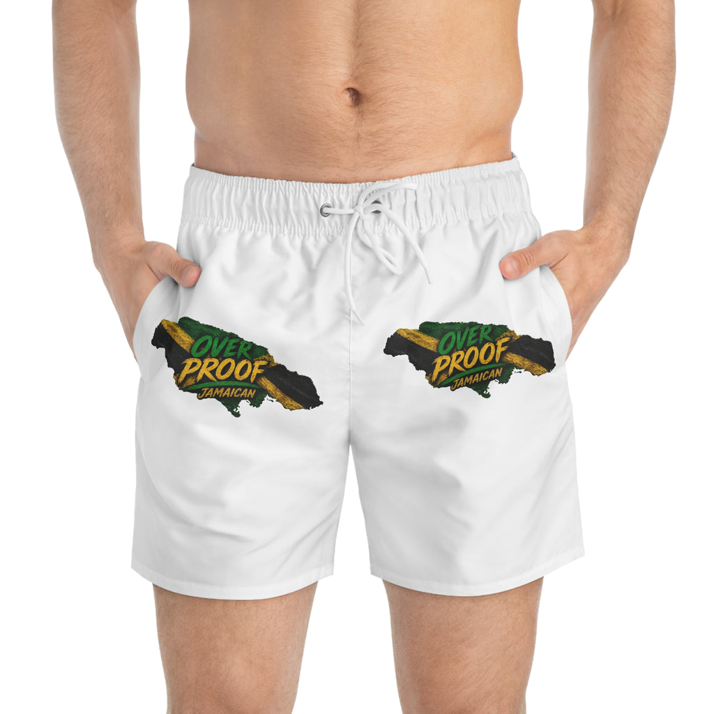 Jamaica 'Over Proof' Swim Trunks — Tropical Island Graphic Men Swim Shorts