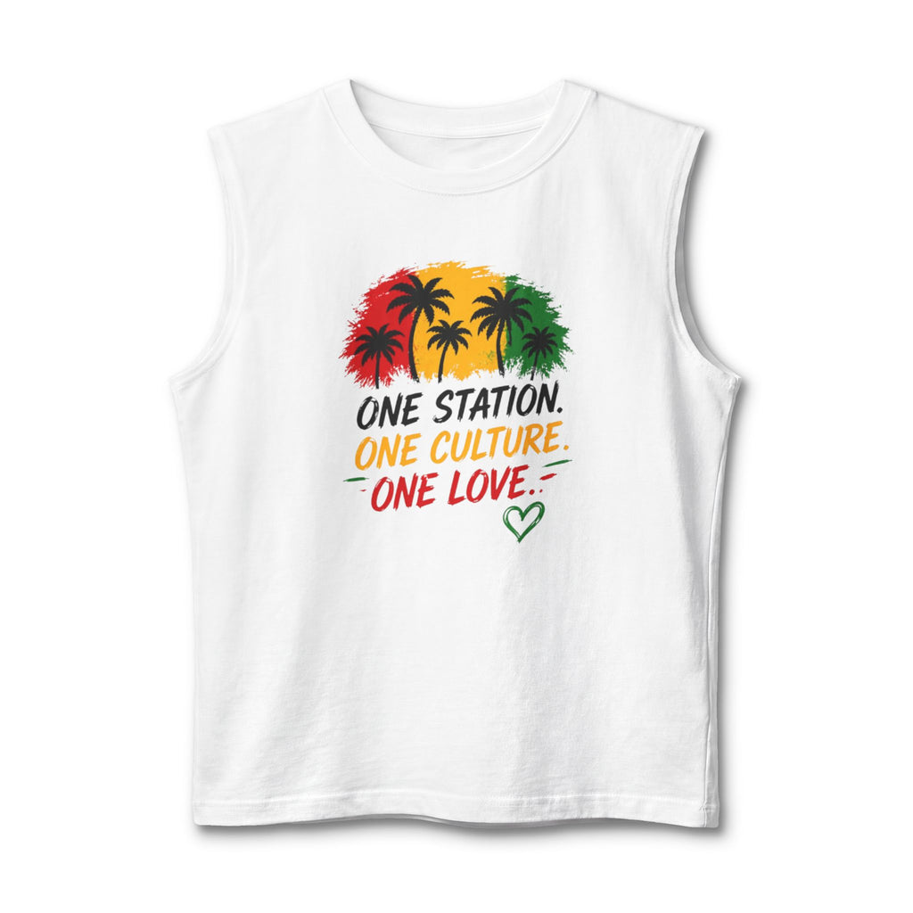 Reggae Palm Men Tank Top — "One Station. One Culture. One Love." Rasta Graphic Muscle Tee