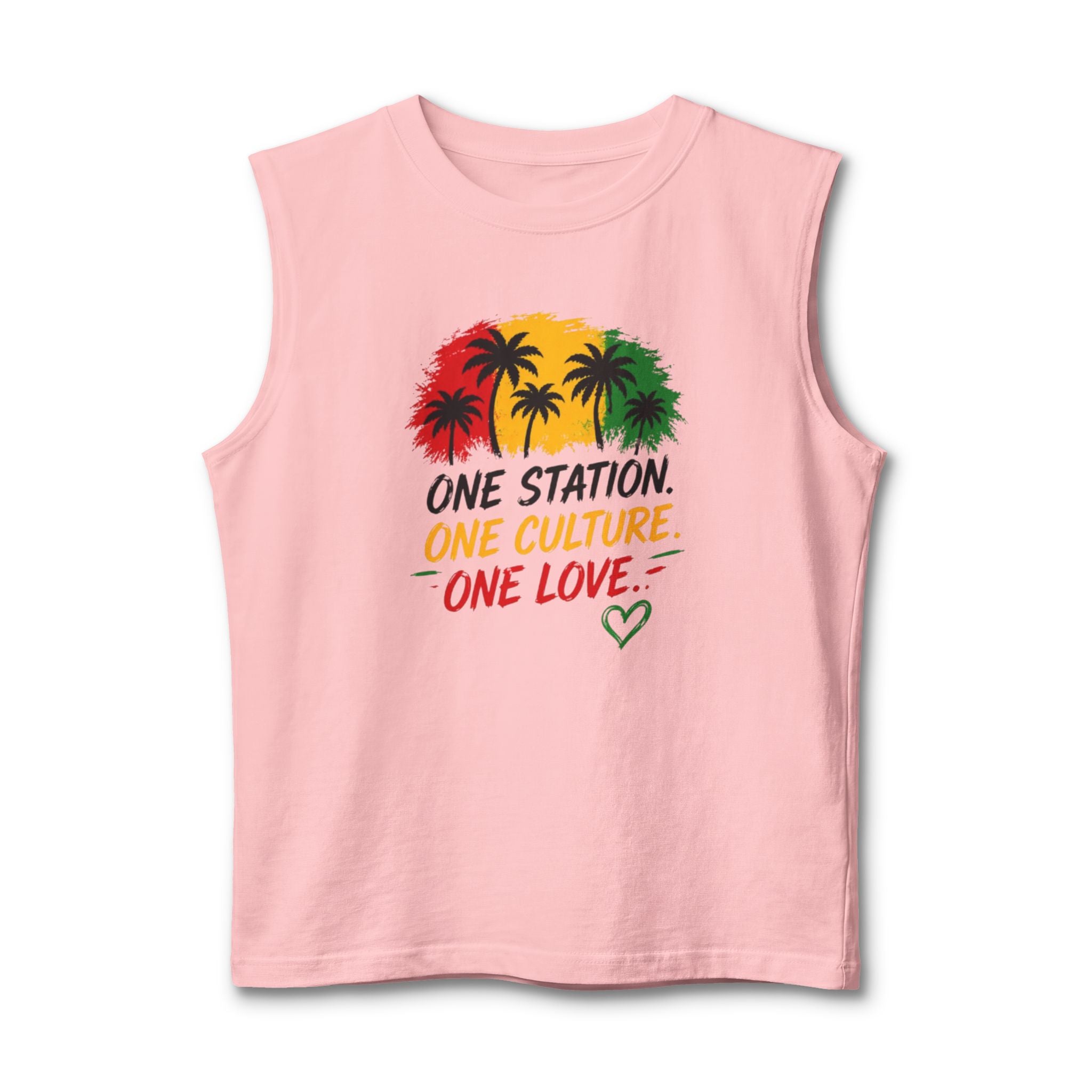 Reggae Palm Men Tank Top — "One Station. One Culture. One Love." Rasta Graphic Muscle Tee