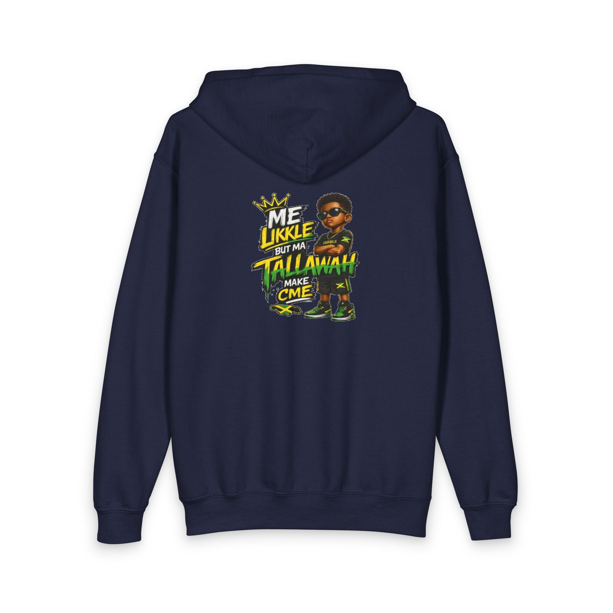 Youth Zipped Hoodie — 'Me Likkle But Mi Tallawah' Jamaican Kid Graphic