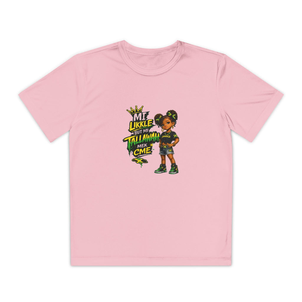 Youth Competitor Tee - 'Mi Likkle But Me Tall Mana' Caribbean Kid Graphic Shirt