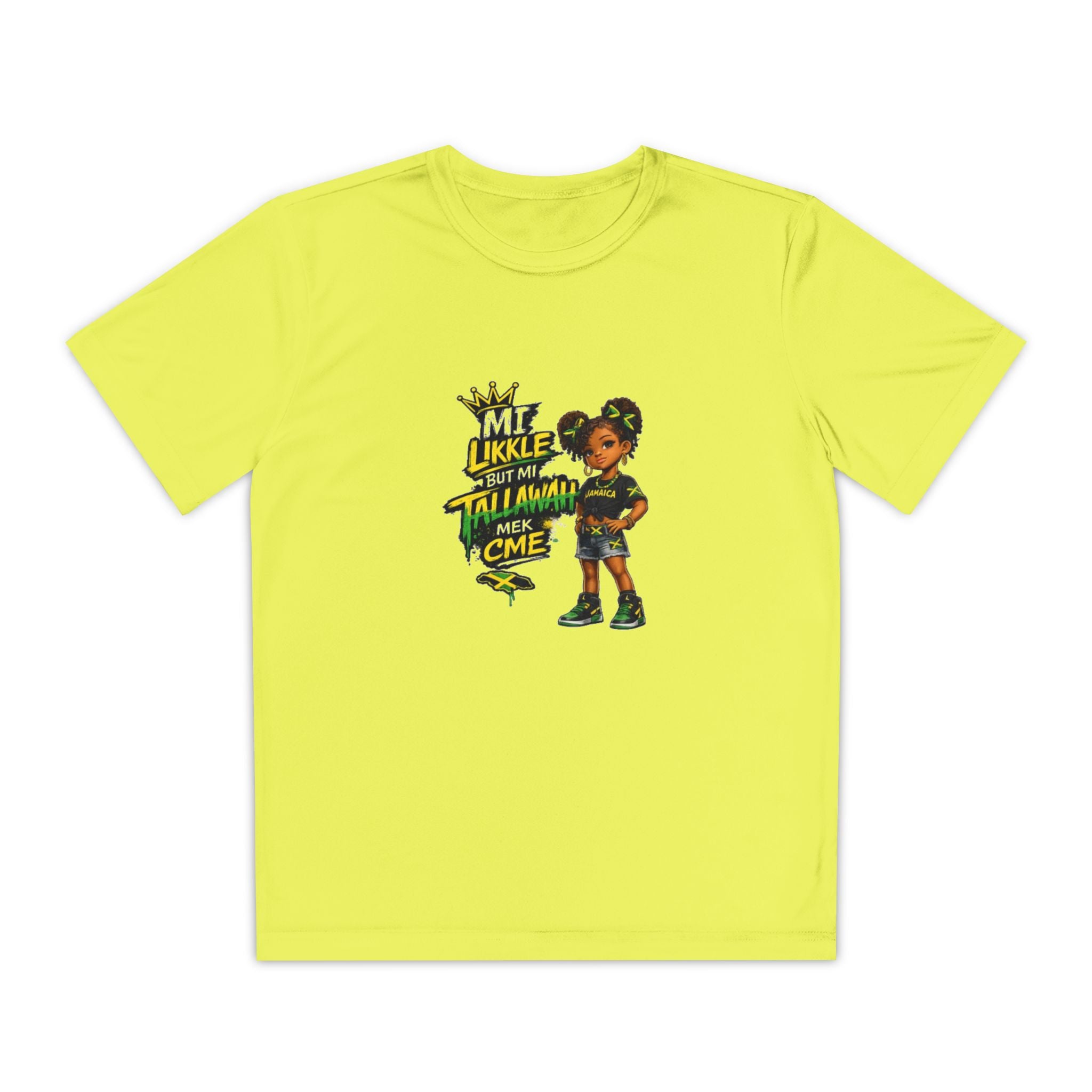 Youth Competitor Tee - 'Mi Likkle But Me Tall Mana' Caribbean Kid Graphic Shirt