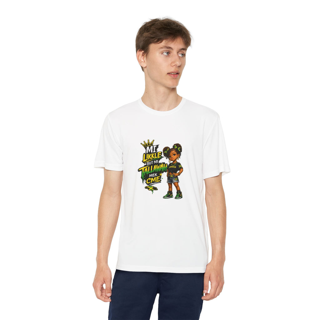 Youth Competitor Tee - 'Mi Likkle But Me Tall Mana' Caribbean Kid Graphic Shirt