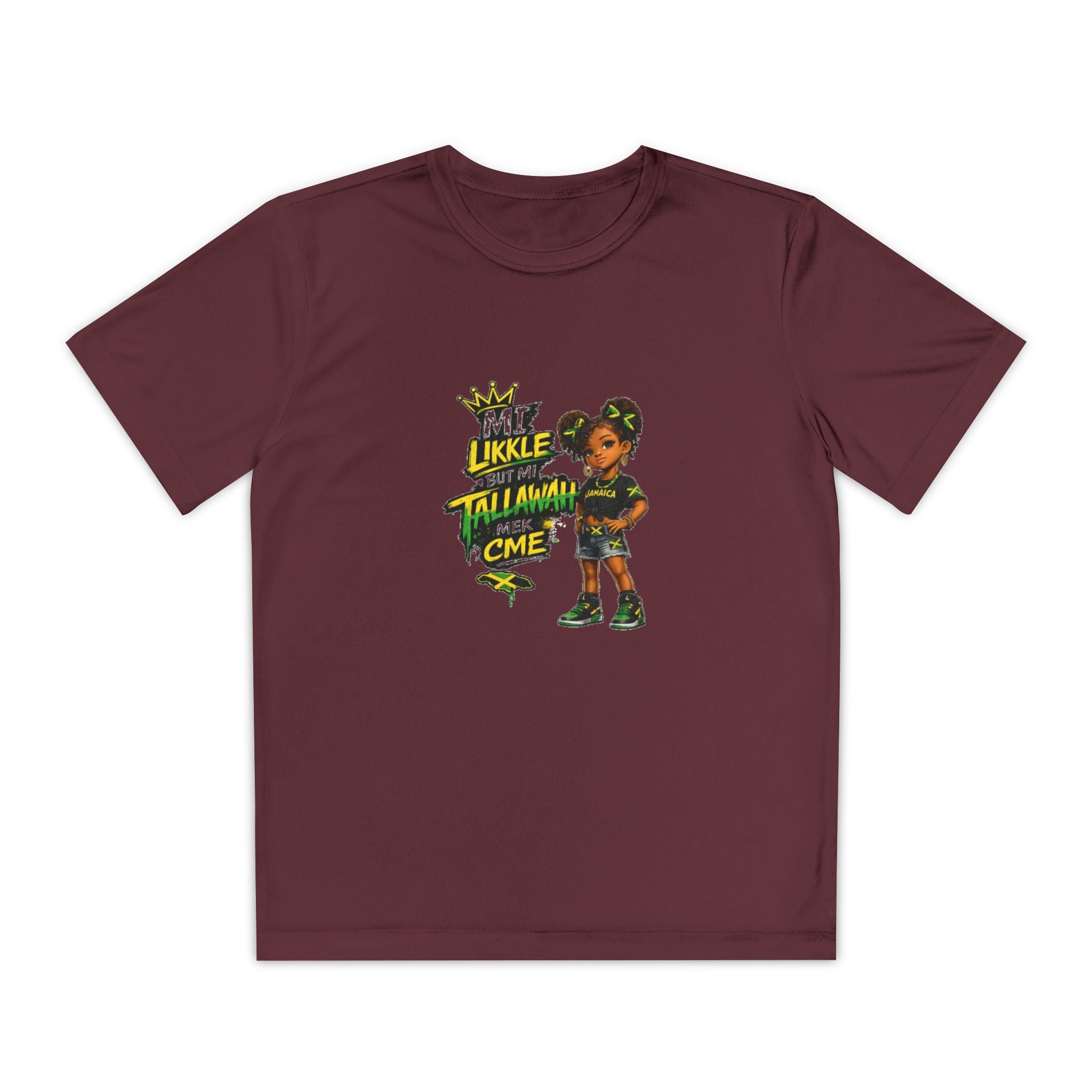 Youth Competitor Tee - 'Mi Likkle But Me Tall Mana' Caribbean Kid Graphic Shirt