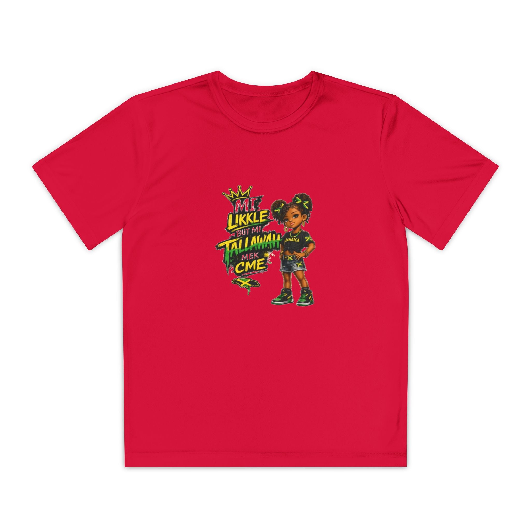 Youth Competitor Tee - 'Mi Likkle But Me Tall Mana' Caribbean Kid Graphic Shirt