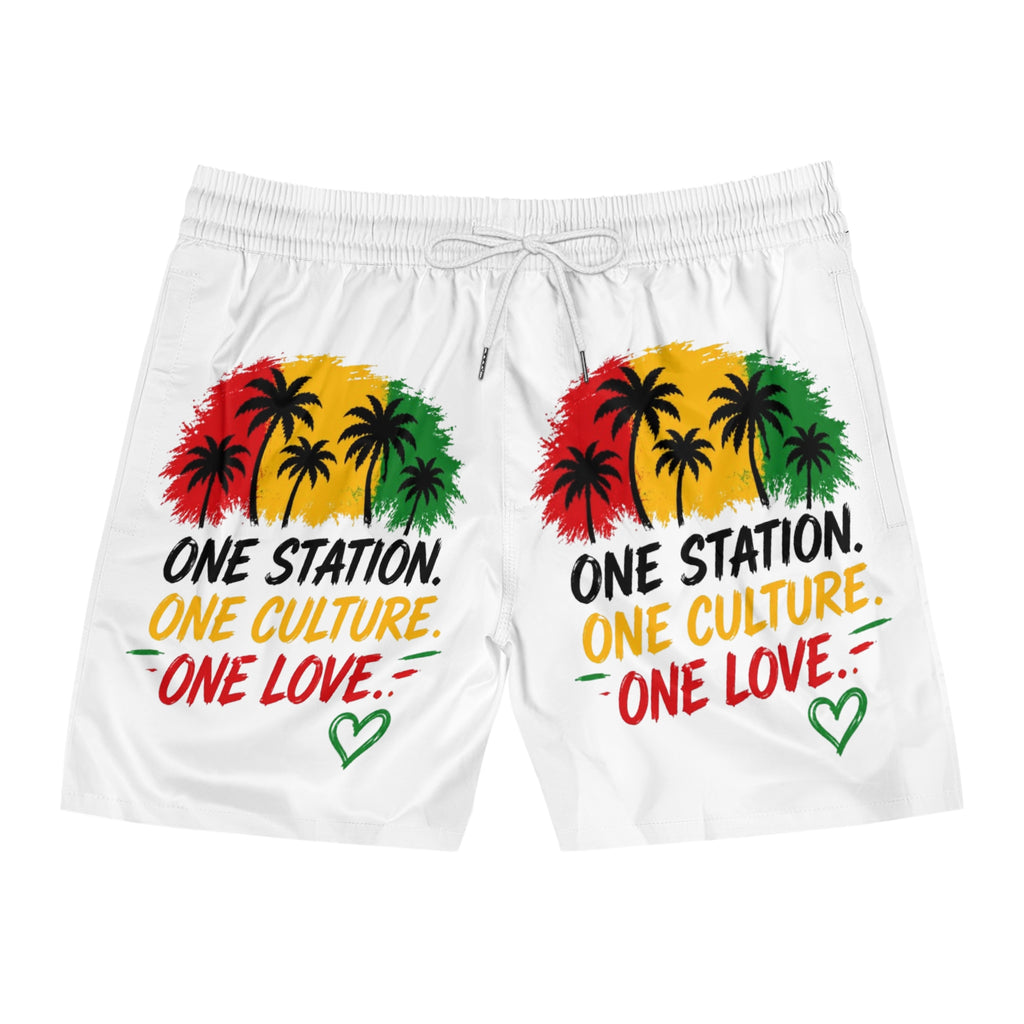 One Station One Culture One Love Men Swim Shorts — Rasta Palm Beach Trunks