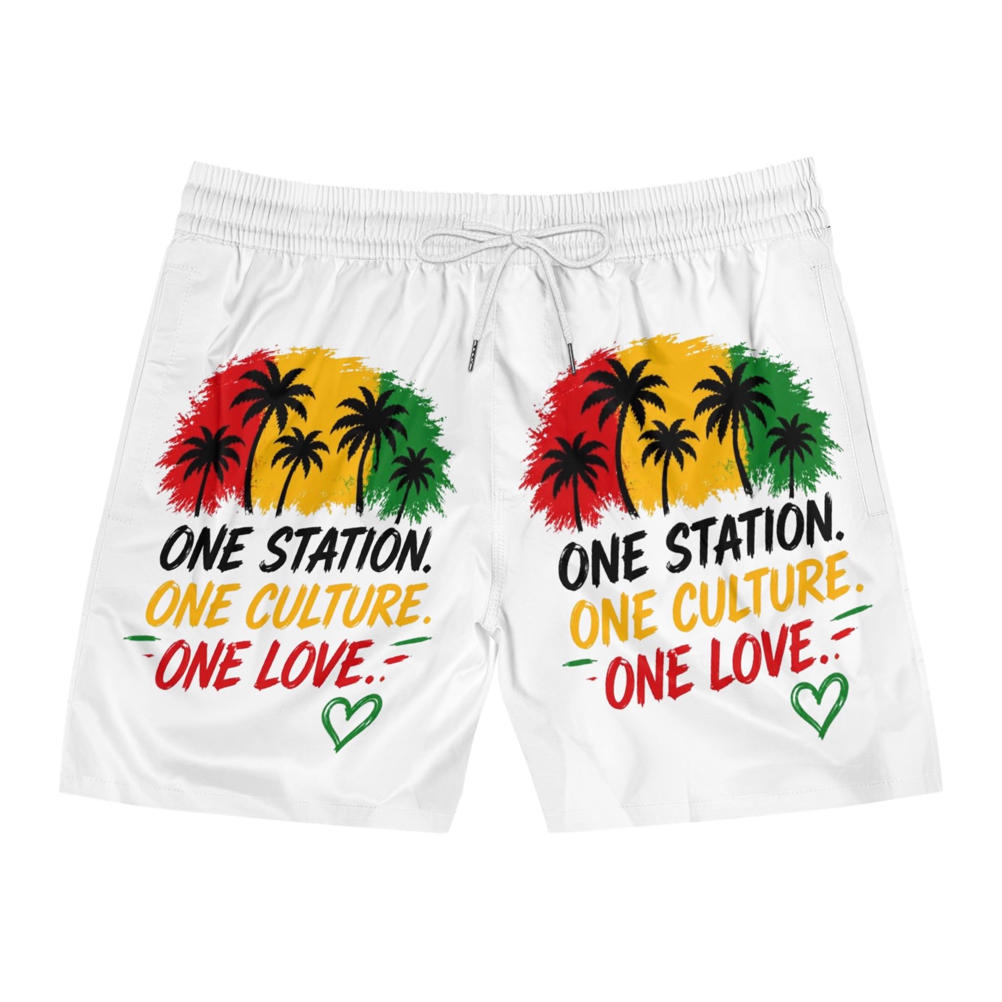 One Station One Culture One Love Men Swim Shorts — Rasta Palm Beach Trunks