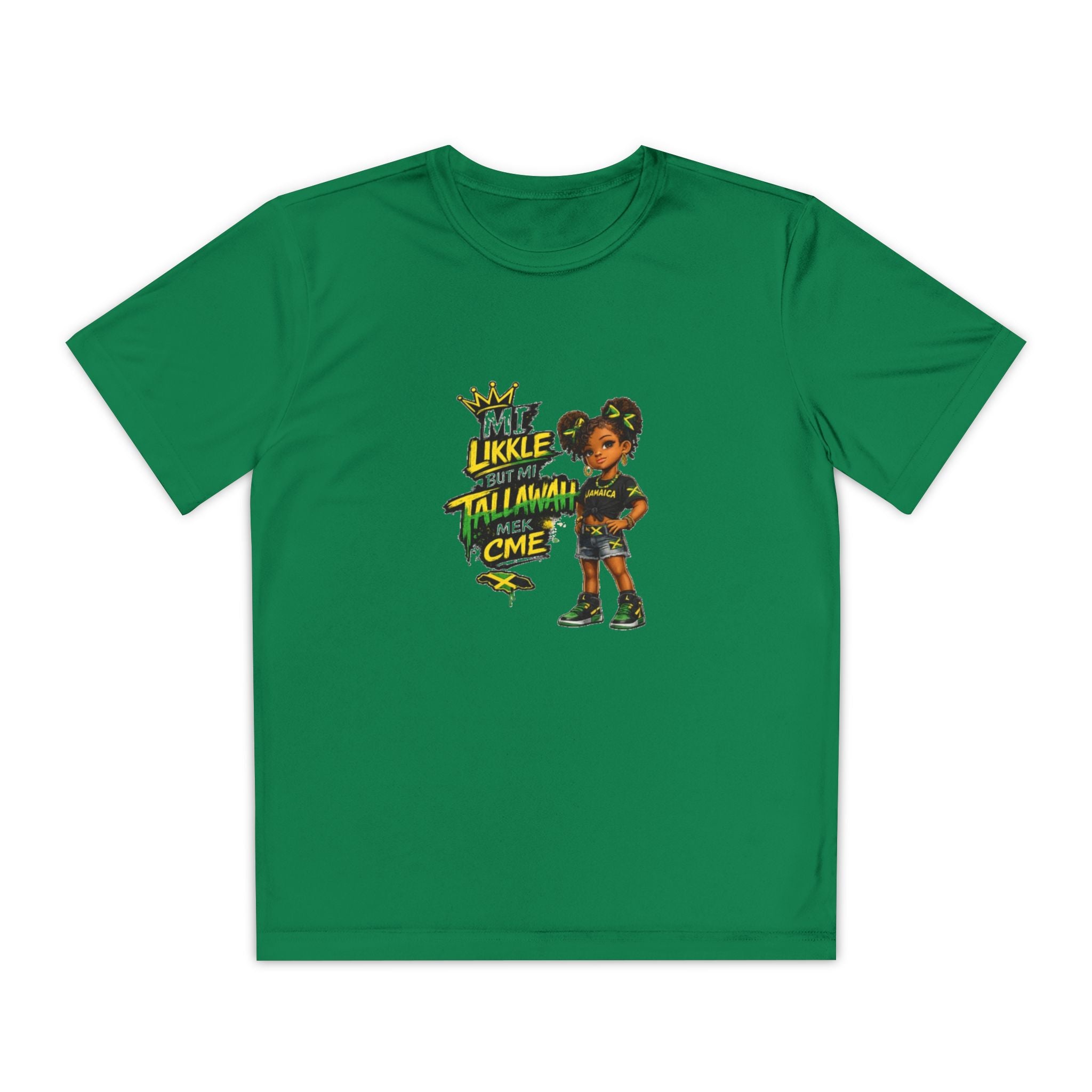 Youth Competitor Tee - 'Mi Likkle But Me Tall Mana' Caribbean Kid Graphic Shirt