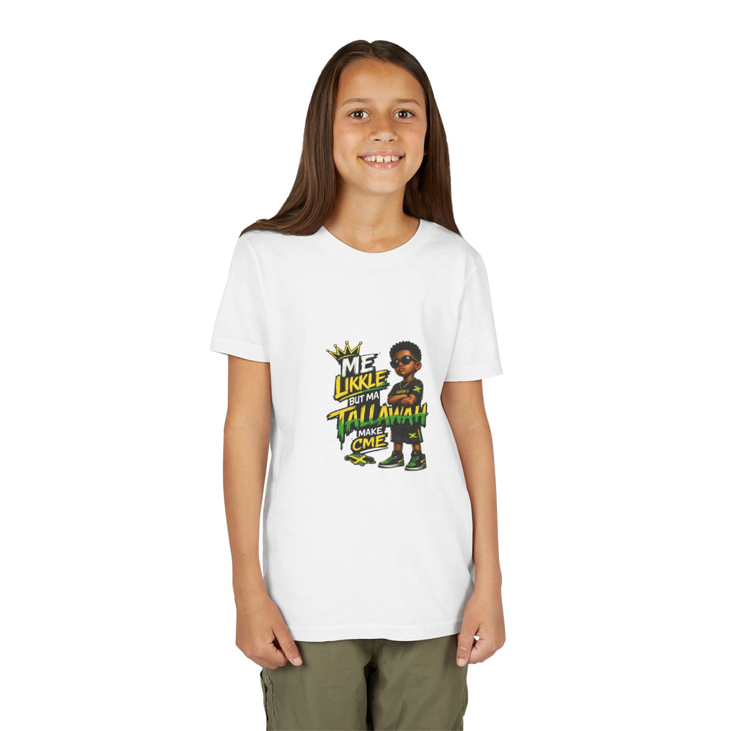 Youth Tee — "Me Likkle But Mi Talk A Wahn Make A Cme" Jamaican Kids Graphic T‑Shirt