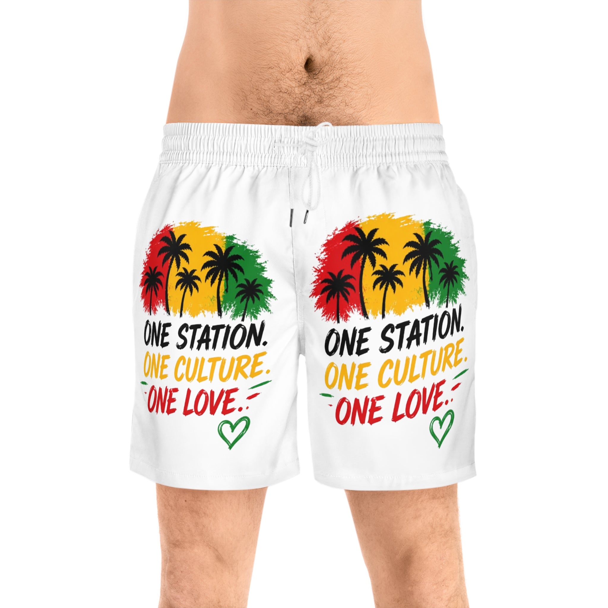 One Station One Culture One Love Men Swim Shorts — Rasta Palm Beach Trunks