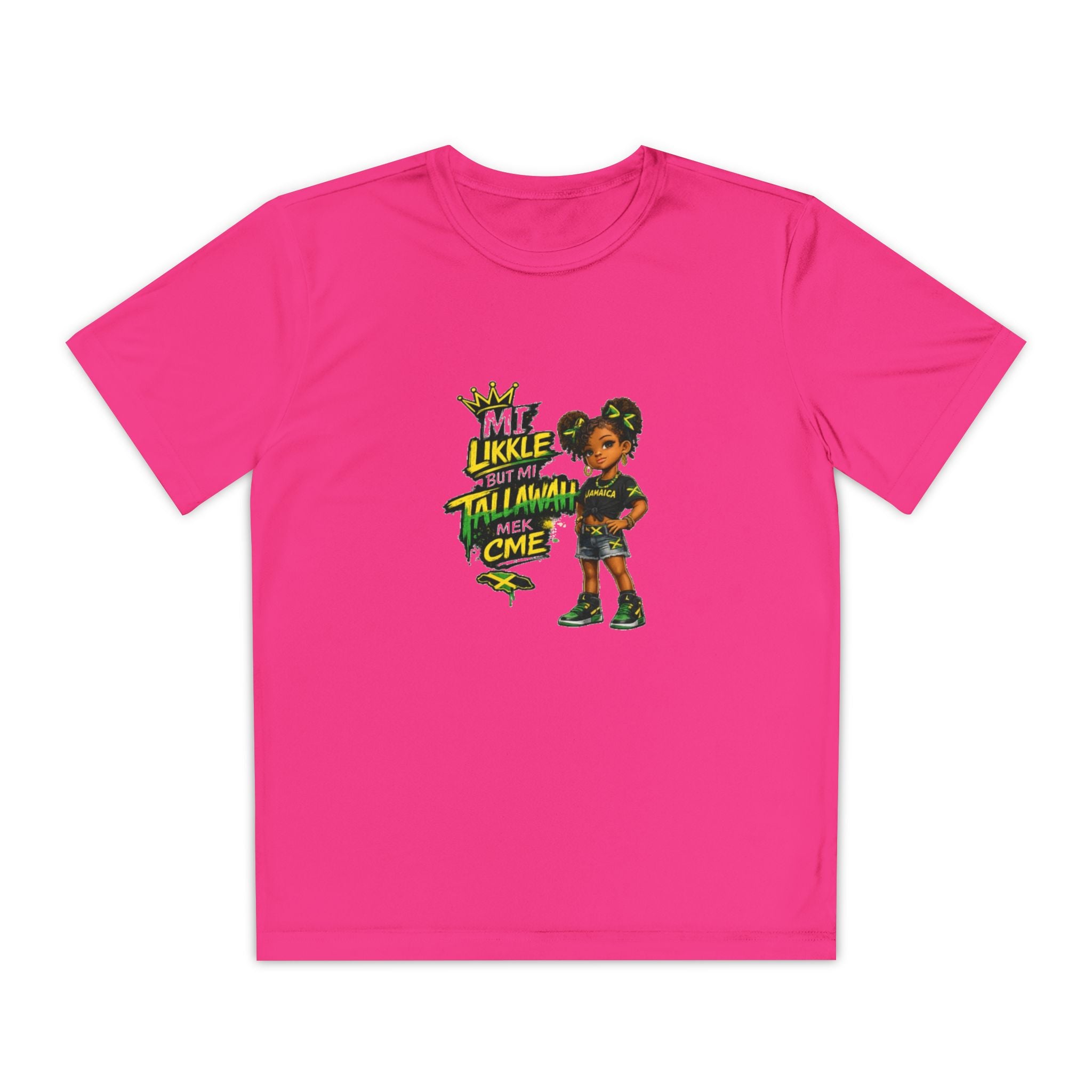 Youth Competitor Tee - 'Mi Likkle But Me Tall Mana' Caribbean Kid Graphic Shirt