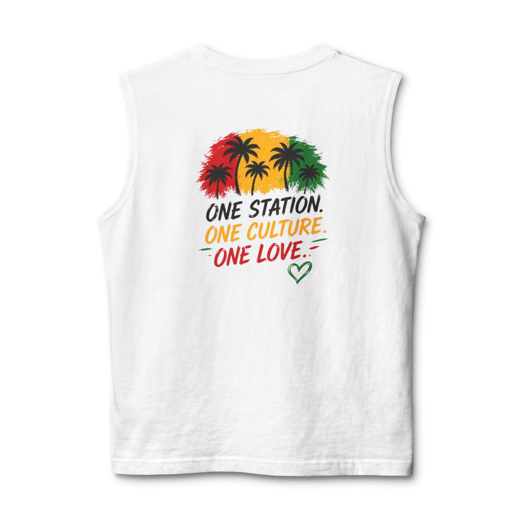 Reggae Palm Men Tank Top — "One Station. One Culture. One Love." Rasta Graphic Muscle Tee
