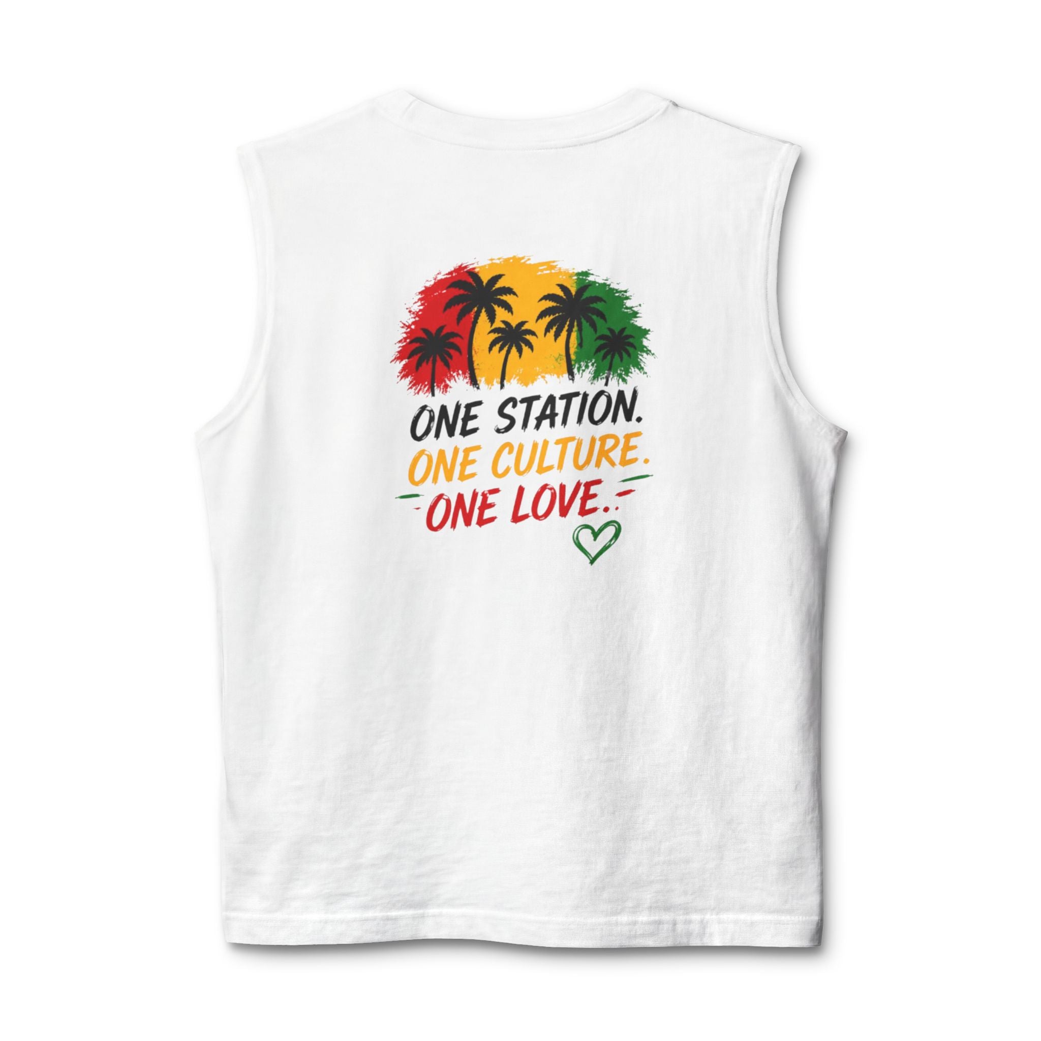Reggae Palm Men Tank Top — "One Station. One Culture. One Love." Rasta Graphic Muscle Tee