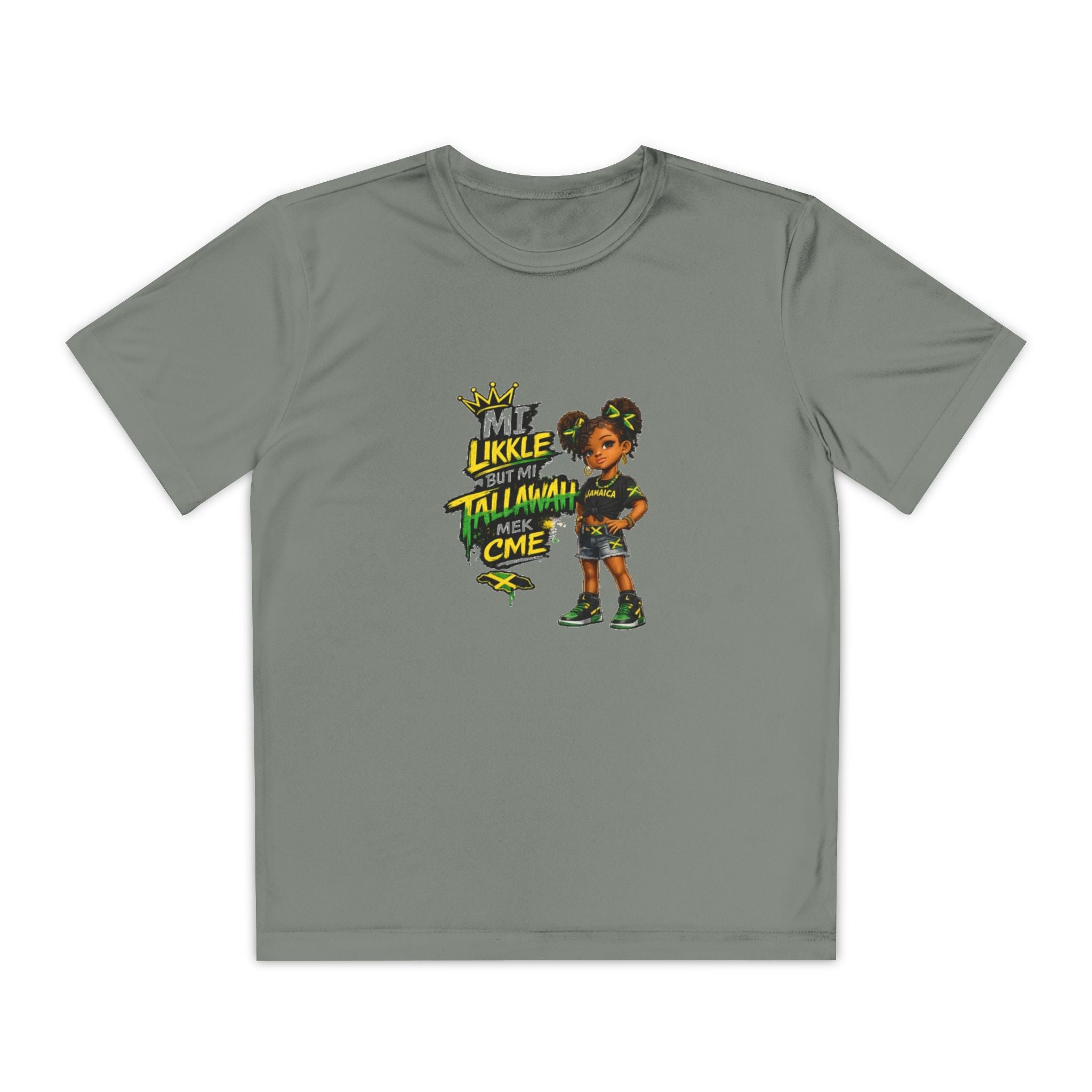 Youth Competitor Tee - 'Mi Likkle But Me Tall Mana' Caribbean Kid Graphic Shirt