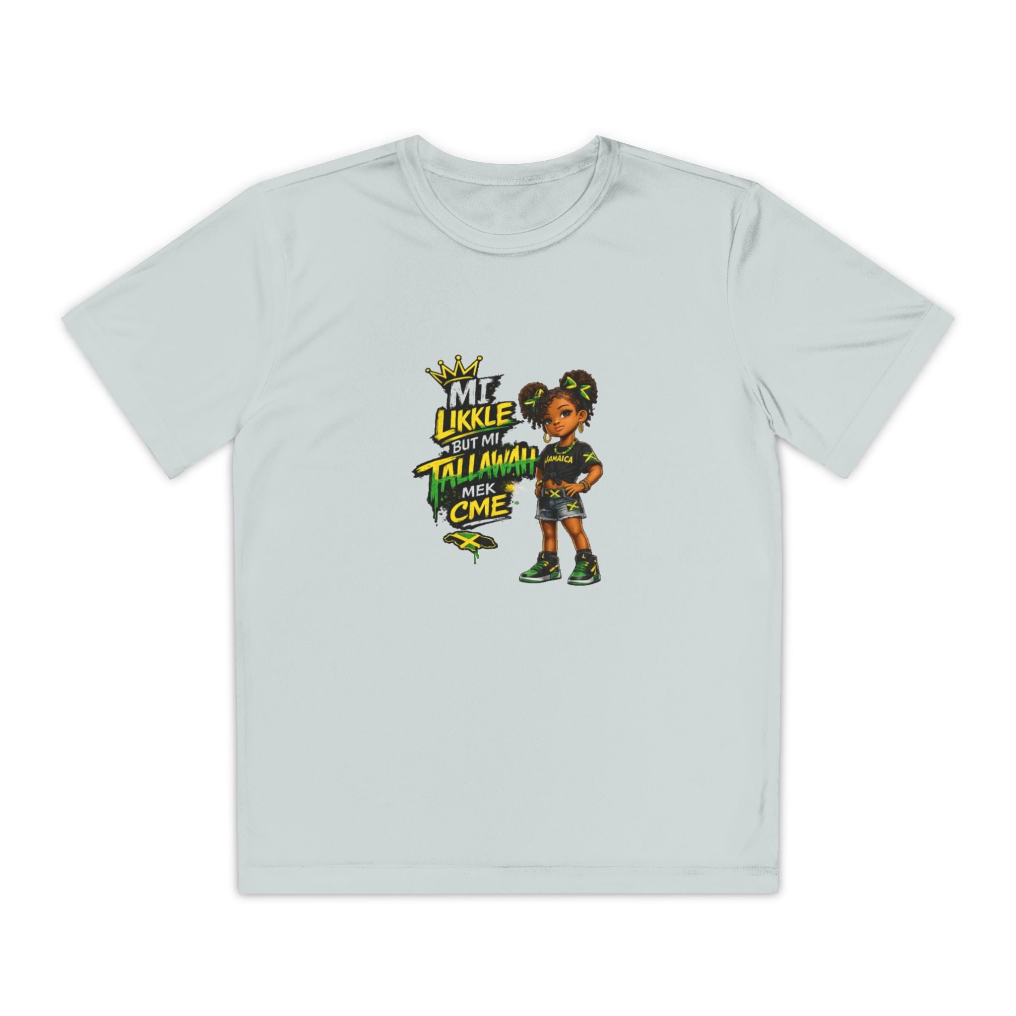 Youth Competitor Tee - 'Mi Likkle But Me Tall Mana' Caribbean Kid Graphic Shirt