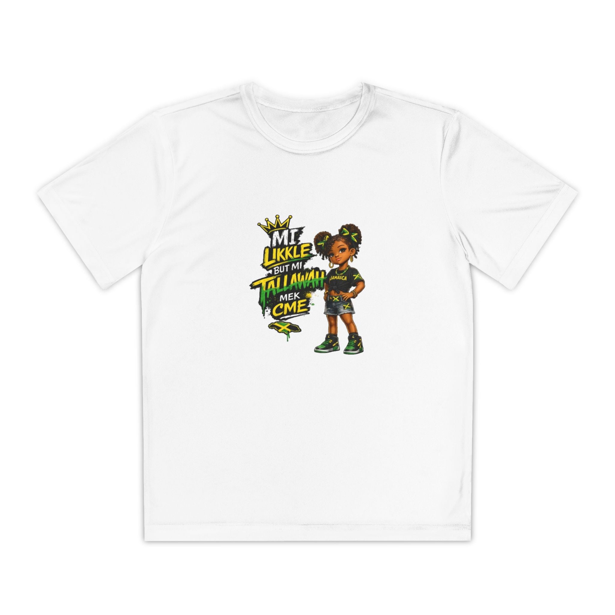 Youth Competitor Tee - 'Mi Likkle But Me Tall Mana' Caribbean Kid Graphic Shirt