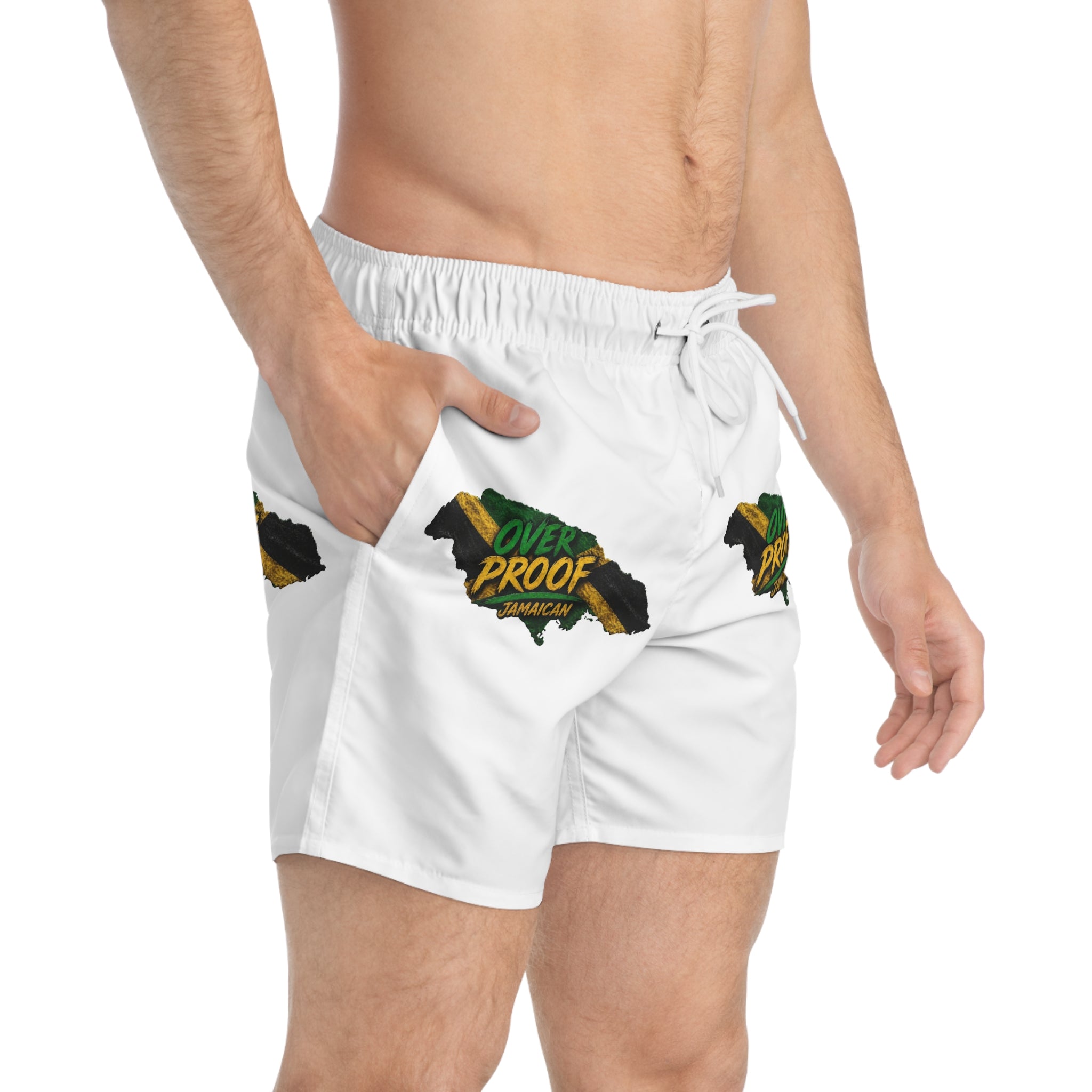 Jamaica 'Over Proof' Swim Trunks — Tropical Island Graphic Men Swim Shorts