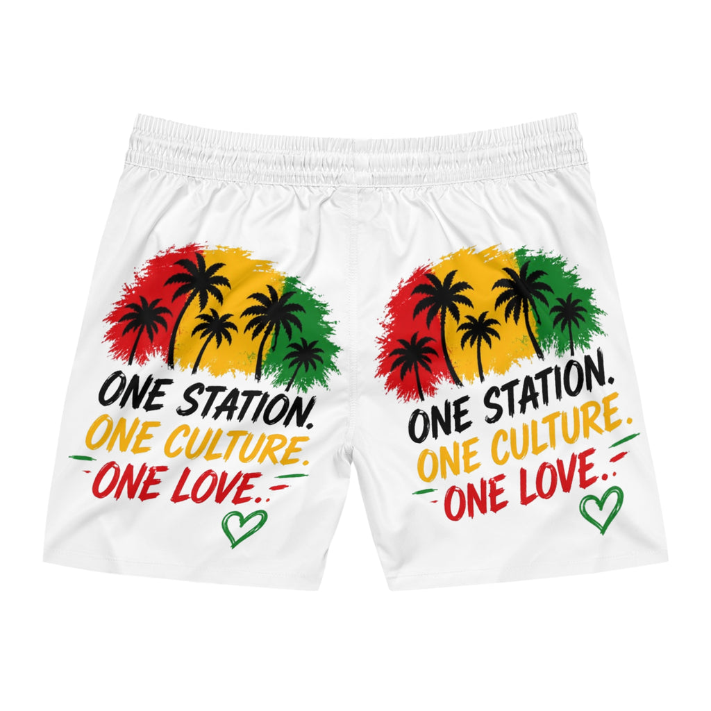 One Station One Culture One Love Men Swim Shorts — Rasta Palm Beach Trunks