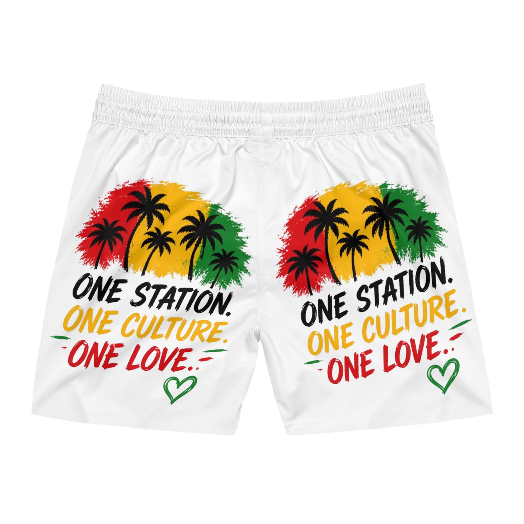 One Station One Culture One Love Men Swim Shorts — Rasta Palm Beach Trunks