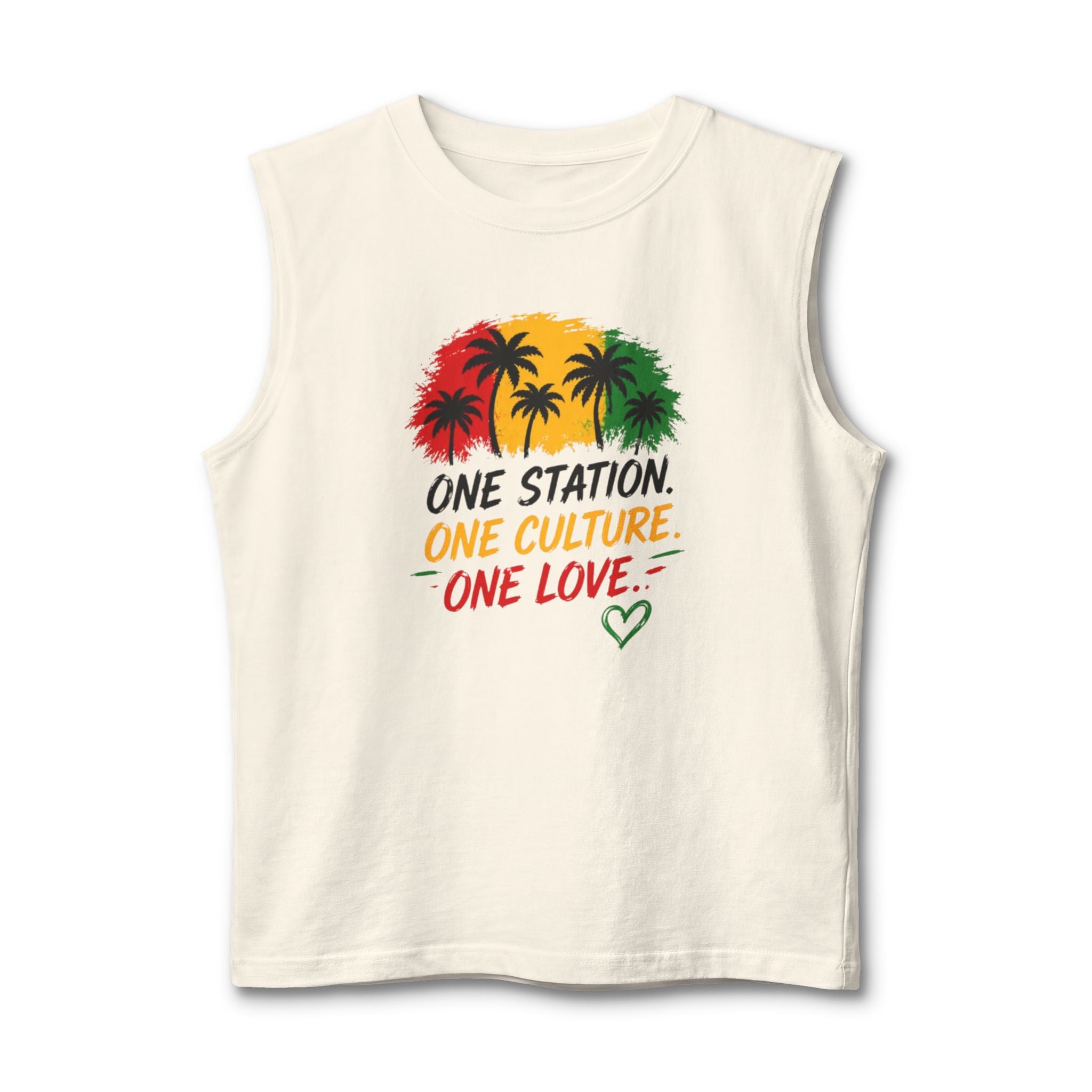 Reggae Palm Men Tank Top — "One Station. One Culture. One Love." Rasta Graphic Muscle Tee