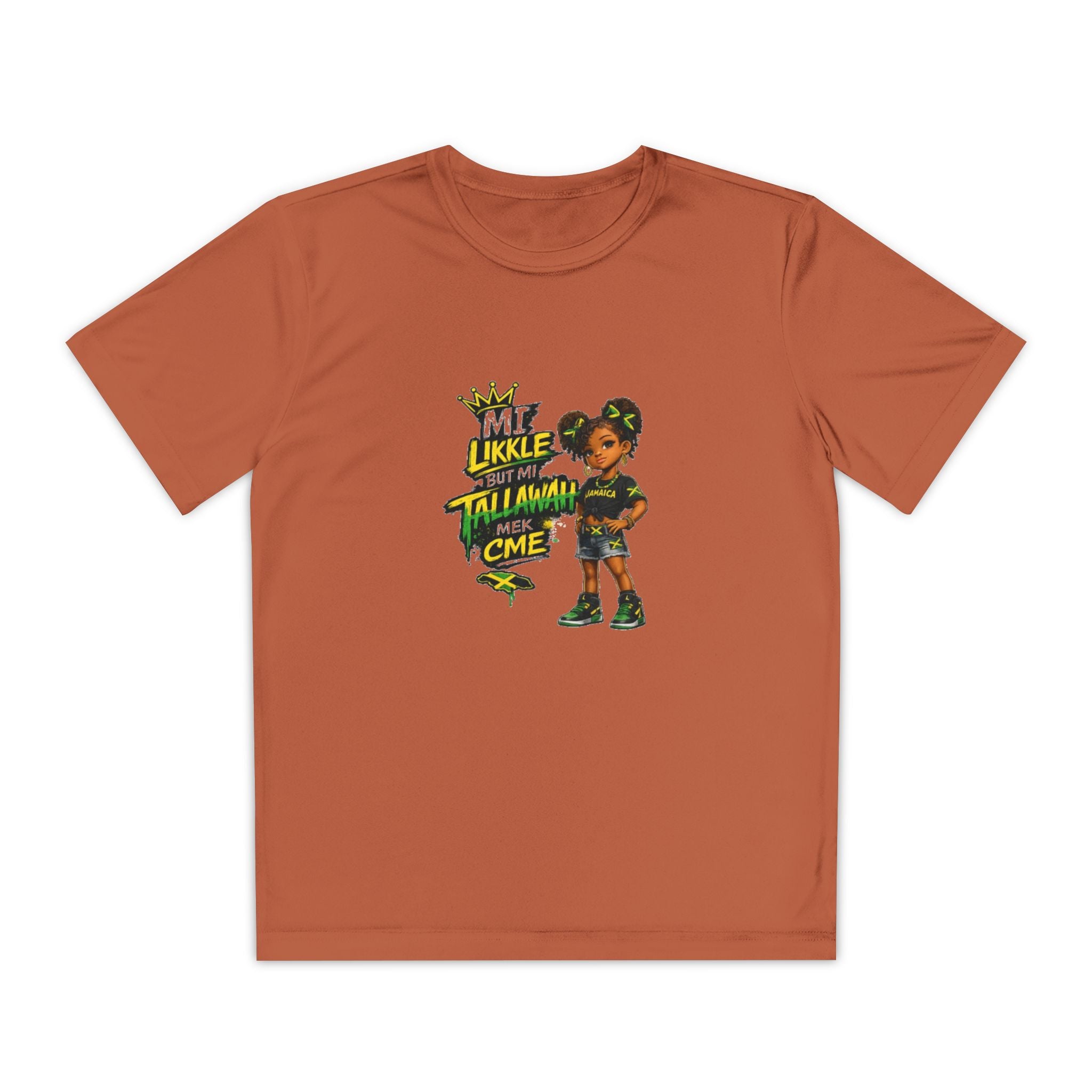 Youth Competitor Tee - 'Mi Likkle But Me Tall Mana' Caribbean Kid Graphic Shirt