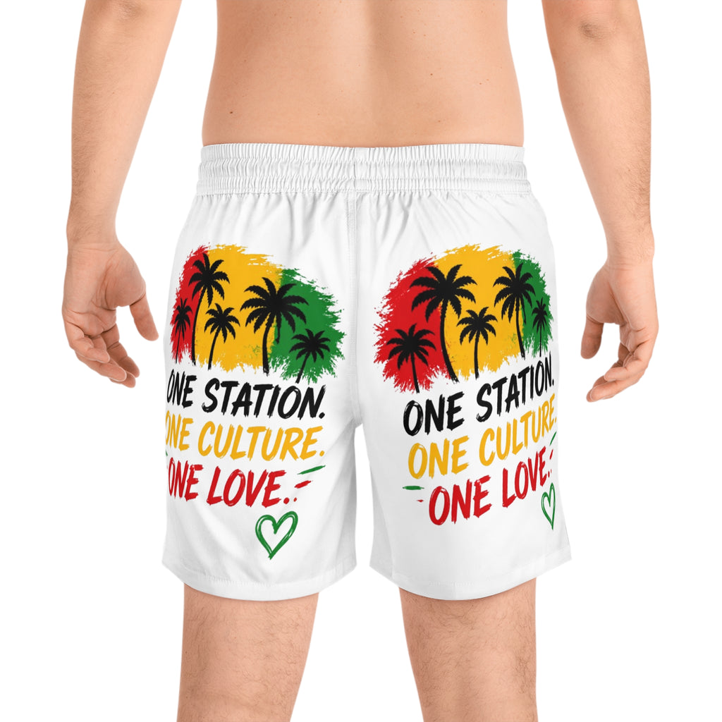 One Station One Culture One Love Men Swim Shorts — Rasta Palm Beach Trunks