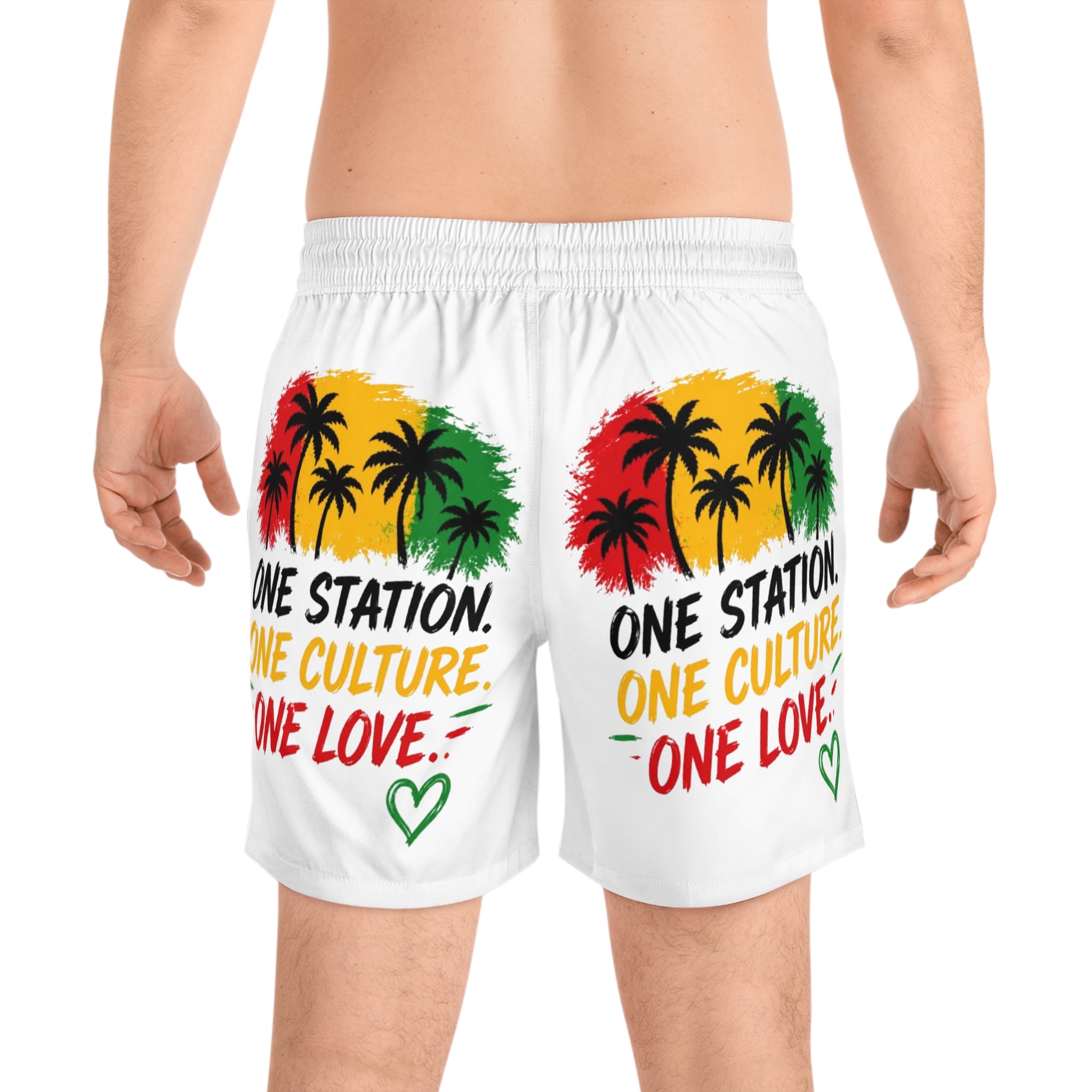 One Station One Culture One Love Men Swim Shorts — Rasta Palm Beach Trunks