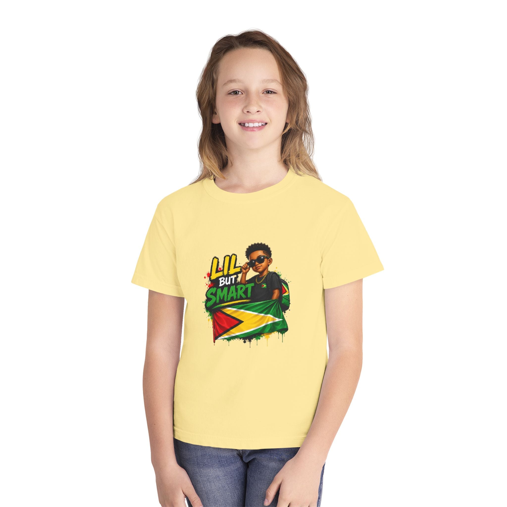 Youth Tee - "Lil But Smart" Guy with Guyana Flag Kids T-Shirt